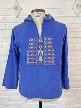 (M) Mens Vintage Hippie Hoodie Royal Blue w/ Pink, Purple & Black w/ Mexican design.