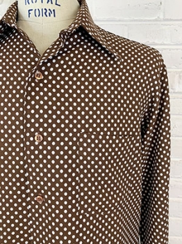 (L/XL) Mens Vintage 70s Disco shirt. Chocolate Brown w/ White Polka Dots!