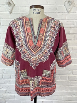 (L) Mens Vintage 60s Hippie Shirt. Burgundy with Butterflies & Flowers!