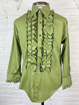 (L/XL) Mens Vintage Tuxedo shirt. Olive Green w/ Black trim & big ruffles!