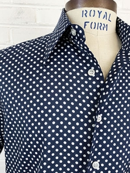 (XL) Mens Vintage 70s Disco Short Sleeved Shirt. Navy Blue w/ White Polka dots!