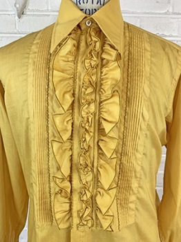 (L) Mens Vintage 1970's tuxedo shirt. Golden Yellow w/ Black tipped ruffles! As-Is.