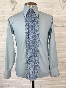 (M) Mens Vintage 70s Tuxedo shirt. Light Blue w/ Black tipped Ruffles! As-Is.