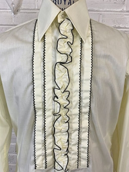 (L) Mens Vintage 70s Tuxedo shirt. Pale Yellow w/ Black tipped Ruffles! As-Is.