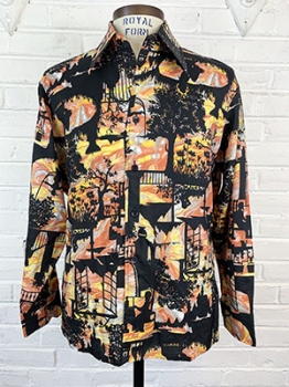 (XL) Men's Vintage 70s Disco shirt. Black w/ Orange, Yellow & Gray. Shadow Figures & Psychedelic Swi