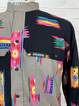 (XL) Mens Vintage Southwestern shirt. Tan & Black w/ Pink, Yellow & Blue Aztec Design.