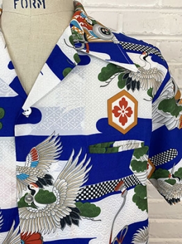 (XL) Mens Vintage 70s Hawaiian Disco shirt. White & Royal Blue w/ Birds, Trees & Flowers!