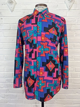 (XL) Mens Vintage Western Shirt. Red, Indigo, Pink, Teal & Orange Southwestern Print!