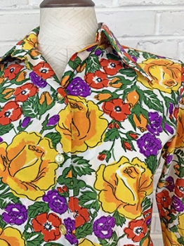 (L) Women's Vintage 70s Disco Blouse. Off-White w/ Yellow, Purple & Orange Flowers!