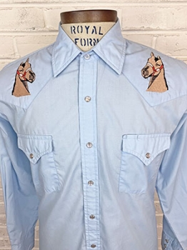 (M) Mens Vintage Western Shirt. Light Blue w/ Embroidered Horses!