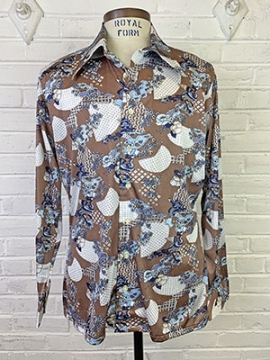 (L/XL) Mens Vintage 70s Disco Shirt. Brown & Blue Asian Inspired Print. Never Worn!