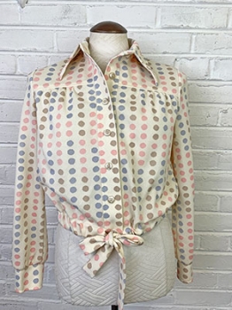 (L) Womens Vintage 60s/70s Disco Top. Off White w/ Pink, Blue & Mocha Polka Dots!