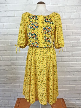 (S) Women's Vintage 70s Dress. Bright Yellow w/Red, Black, Yellow & Green Polka Dots!