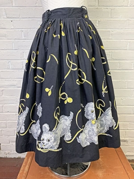 (XS) Women's Vintage 1950s Novelty Circle Skirt. Black w/Yellow. Playful Puppy Dogs & Leashes! RARE.